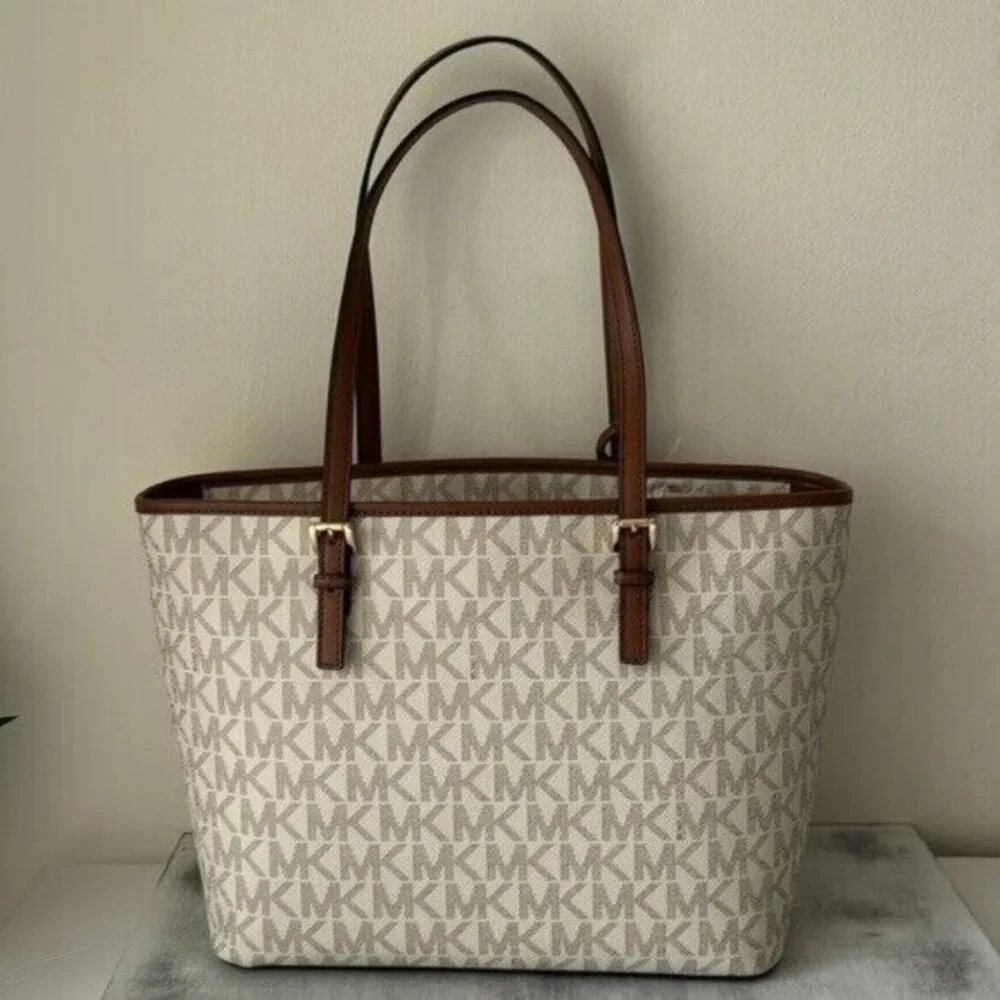 Michael Kors Jet Set Vanilla Luggage Tote Carry All Shoulder Handbag Logo Charm